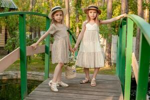 preteen flickor Framställ på trä- bro över små damm i Land egendom på sommar dag foto