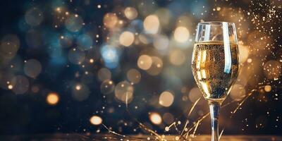 ai genererad glasögon av champagne mot de bakgrund av festlig fyrverkeri och guld gnistrar. festlig bakgrund för jul, ny år. ai genererad foto