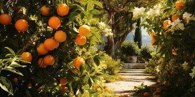 ai genererad skön trädgård med orange träd. mogen frukter. skörda säsong apelsiner, mandariner, grapefrukt foto