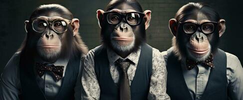 ai genererad tre apor i solglasögon är klädd upp för en prestanda foto