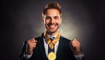 ai genererad Lycklig affärsman bär en guld medalj. företag begrepp foto