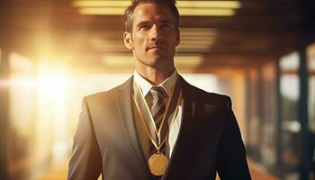 ai genererad Lycklig affärsman bär en guld medalj. företag begrepp foto