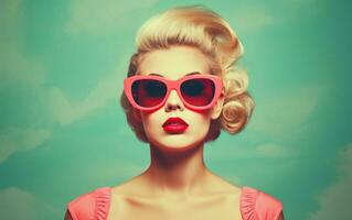 ai genererad årgång blond kvinna bär varm rosa solglasögon årgång stil foto