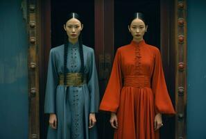 ai genererad två asiatisk kvinnor klädd i klänningar är stående utanför en blå dörr foto
