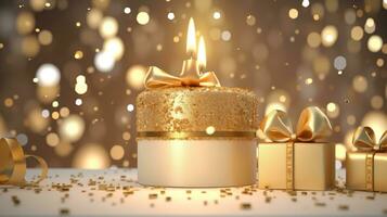 ai genererad en gyllene födelsedag ljus belyst i de kaka Bakom gåvor foto