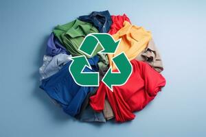 ai genererad återvinning symbol på lugg av färgrik kläder på blå bakgrund, en färgrik cirkel av kläder med en logotyp symboliserar återvinning, noll avfall, och återanvändning begrepp, ai genererad foto
