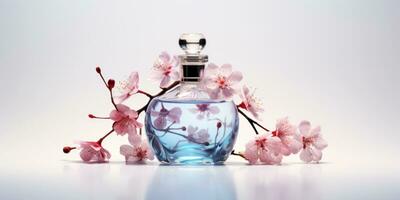 ai genererad bild av parfym flaska med blomma kronblad foto