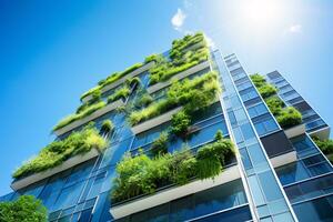 ai genererad miljövänlig byggnad i de modern stad. hållbar glas kontor byggnad med träd för minska kol dioxid. kontor byggnad med grön miljö. företags- byggnad minska co2. foto