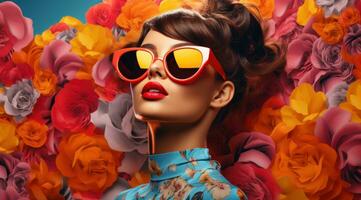 ai genererad en ung kvinna bär solglasögon på topp av blommor foto
