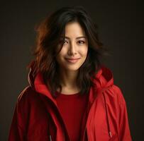 ai genererad ett asiatisk kvinna i en röd jacka är Framställ för en Foto