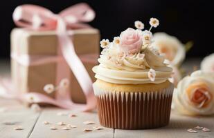 ai genererad muffin på en trä- tabell Nästa till gåvor och rosa blommor foto