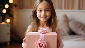 ai genererad mycket liten flicka innehar en rosa gåva låda med rosa ro foto