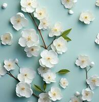 ai genererad de vit kronblad av vit körsbär blommar på grön foto