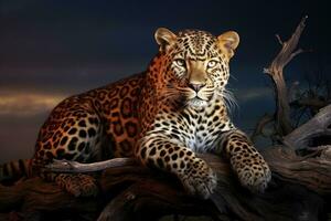 ai genererad leopard Sammanträde på en logga i de kväll, 3d framställa, afrikansk leopard panthera pardus upplyst förbi skön ljus, en kvinna, vilar på en död- träd, ai genererad foto