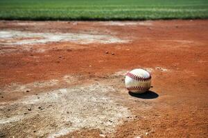 ai genererad baseboll boll på de bas av en baseboll fält, grund djup av fält, baseboll på de UPPODLAD krita linje, ai genererad foto