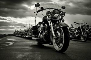 ai genererad motorcykel parkerad i de parkering massa. svart och vit Foto, amerikan motorcyklar på de väg, ai genererad foto