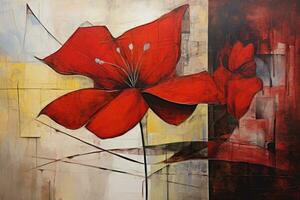 ai genererad konst grunge röd blomma på abstrakt texturerad betong vägg för bakgrund, abstrakt expressionist olja målning av en röd blomma med ett abstrakt layout, ai genererad foto