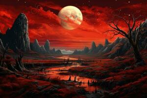 ai genererad fantasi landskap med röd planet och måne. digital målning illustration, utomjording värld landskap i orange och röd med många månar, presenteras i en post-impressionism stil, ai genererad foto