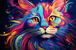 ai genererad färgrik katt på abstrakt bakgrund. vektor illustration för din design, konstnärlig bakgrund terar en färgrik katt, ai genererad foto