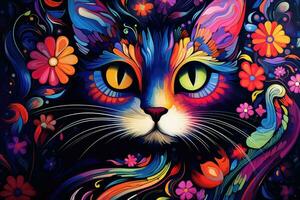 ai genererad färgrik katt med blommig prydnad på svart bakgrund. vektor illustration, konstnärlig bakgrund terar en färgrik katt, ai genererad foto