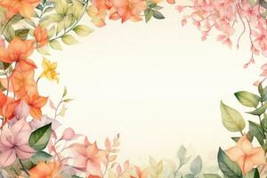 ai genererad vattenfärg blommig ram på vit bakgrund. hand dragen vektor illustration, bakgrund terar löv och blommor i vattenfärg, ai genererad foto