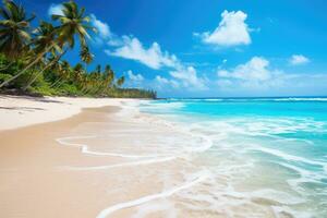 ai genererad skön tropisk strand med kokos handflatan träd på seychellerna, skön tropisk barbados ö, se av de gyllene strand med palmer och kristall klar vatten, ai genererad foto