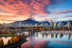 ai genererad vancouver stadens centrum stadsbild på solnedgång, vancouver, Amerika, skön se av vancouver, brittiskt columbia, Kanada, ai genererad foto