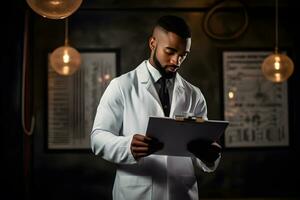 ai genererad afrikansk amerikan läkare i vit täcka och svart slips skrivning på Urklipp foto
