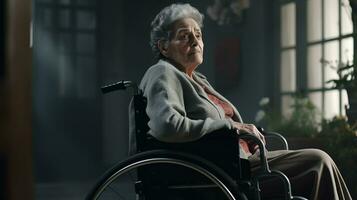 ai genererad ett äldre kvinna i en rullstol Sammanträde i en mörk rum foto