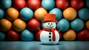 ai genererad snögubbe med färgrik bollar bakgrund. jul och ny år koncept.genererat bild foto