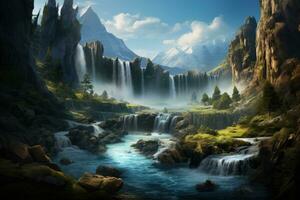 ai genererad skön fantasi landskap med en vattenfall i de berg. 3d tolkning, en magisk vattenfall cascading in i en lugn damm, ai genererad foto