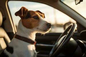 ai genererad domkraft russell terrier hund Sammanträde i de bil på solnedgång, en domkraft russell terrier hund är fångad i en bil på de väg, ai genererad foto