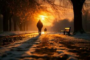 ai genererad vinter- promenad person promenader på snöig väg på solnedgång foto