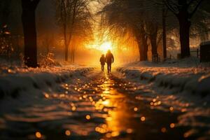 ai genererad vinter- promenad person promenader på snöig väg på solnedgång foto