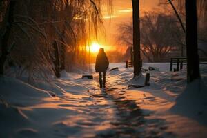 ai genererad solnedgång vandrare enskild korsar snöig väg på vinter- kväll foto