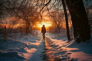 ai genererad solnedgång snö promenad person på snöig väg, badade i skymning foto