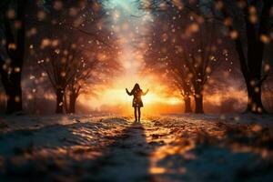ai genererad snöig skymning person promenader längs en väg på vinter- solnedgång foto