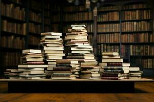 ai genererad bok hamn en stack av böcker står, vinkar läsare i de bibliotek foto
