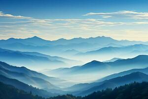 ai genererad morgon- lugn bergen stå mot en klar, blå himmel bakgrund foto