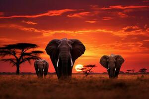 ai genererad skön skymning elefanter njut av gräs- fest i afrikansk savann på solnedgång foto