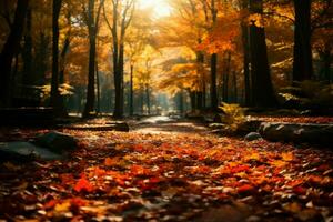 ai genererad höst salighet solljus målarfärger en lugn scen genom färgrik skog löv foto
