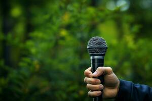 ai genererad mic i hand urban berättande fångad genom de mikrofon lins foto