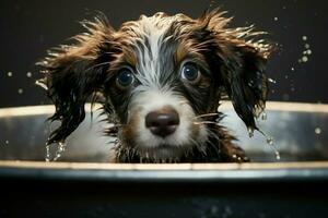 ai genererad valp spa dag förtjusande våt håriga sällskapsdjur åtnjuter en uppfriskande bad foto