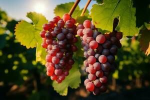 ai genererad vingård Ädelsten vindruvor mogna på vinstockar, blötläggning i solar värme foto