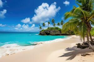 ai genererad skön strand anse lazio på Seychellerna - natur bakgrund, botten bukt, barbados - paradis strand på de karibiska ö av Barbados, ai genererad foto