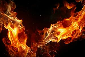 ai genererad dynamisk inferno närbild av brand lågor på svart bakgrund foto