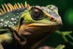 ai genererad ödla elegans stänga upp av reptil på träd gren, fantastisk bakgrund foto