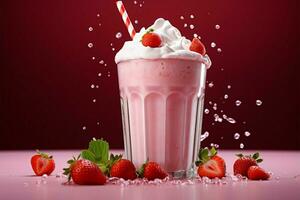 ai genererad krämig svalka rosa jordgubb milkshake, en uppfriskande sommar dryck glädje foto