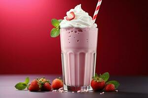 ai genererad uppfriskande glädje kall rosa milkshake med ljuv jordgubbe, yoghurt, och grädde foto