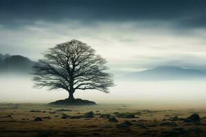 ai genererad enslig träd framträder från dimma, en majestätisk figur i öppen fält foto